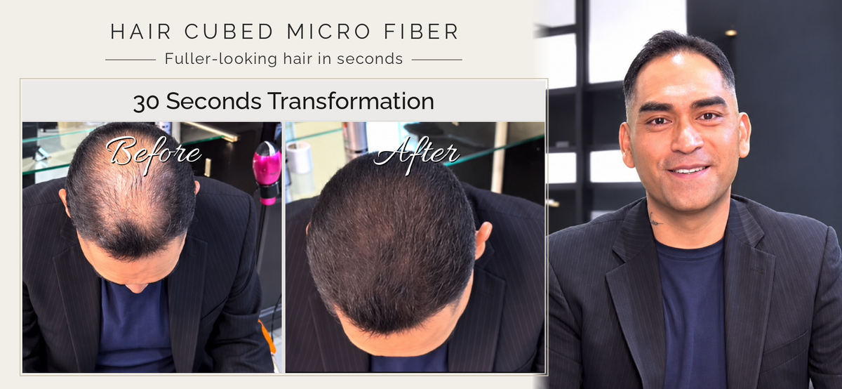 30-second transformation before and after with Hair Cubed fibers